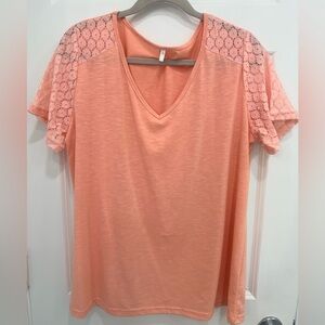Peach Lace Sleeve V-Neck Top